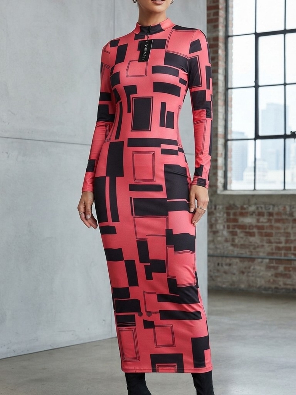SHEIN Coral and Black Geometric Long Sleeve Bodycon Midi Dress